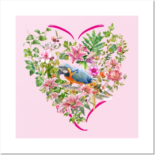 Floral heart with Blue Parrot Wall Art by Biophilia